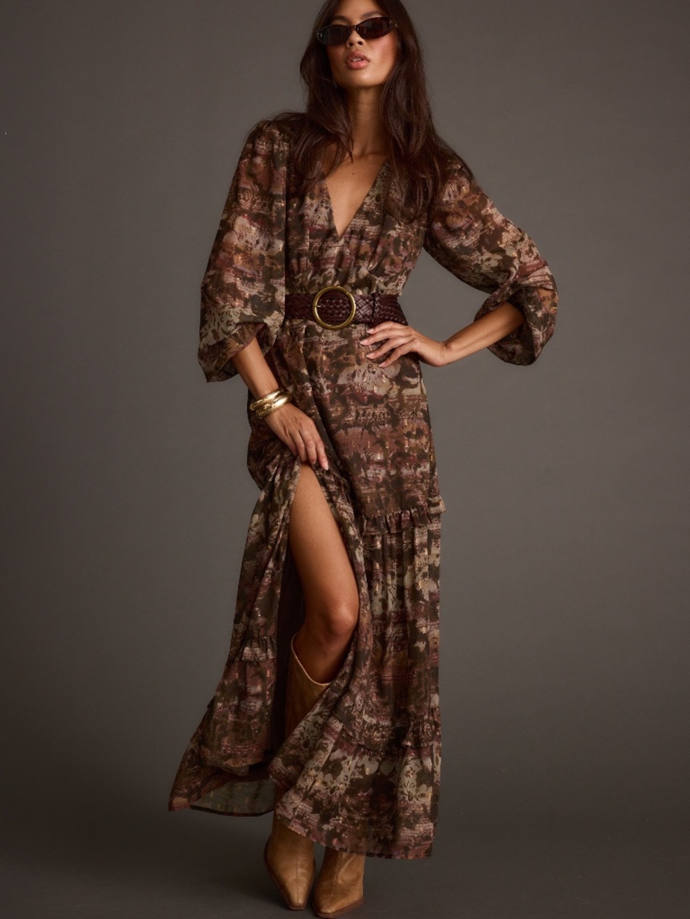 12th Tribe Brown Printed Maxi Dress
